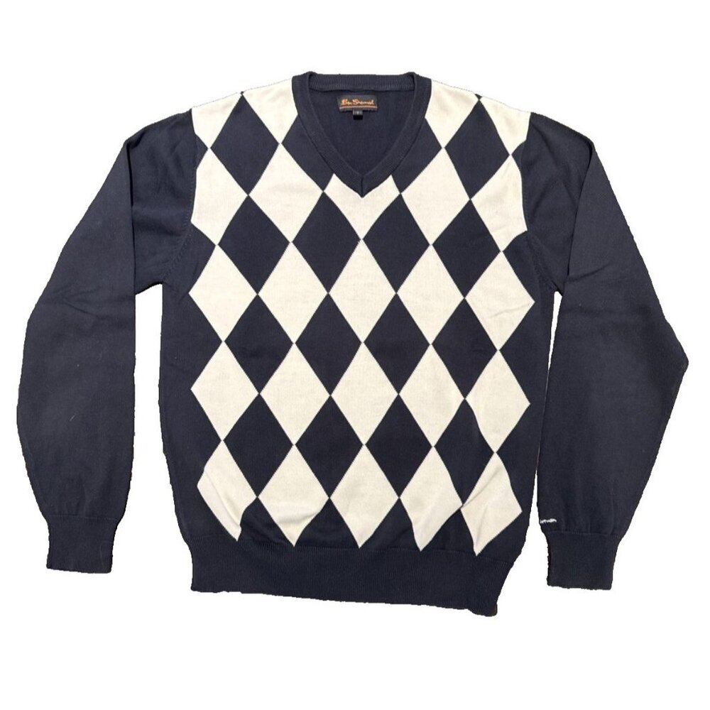 Ben Sherman Men Argyle Sweater V neck 100% cotton Size 3 L Very dark Navy, golf
